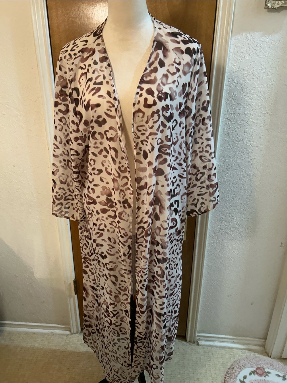 Silky Leopard Print Long Robe - Taupe & Brown. XL
